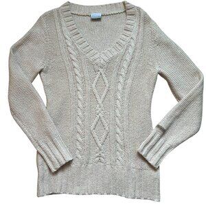 Columbia Sweater Women's Medium Wool Blend Cream Long Sleeve Cable Knit V Neck
